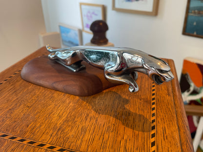 Vintage Official Jaguar Leaper Mascot – Chrome Bonnet Ornament on Hardwood Plinth (c.1960s–1980s)