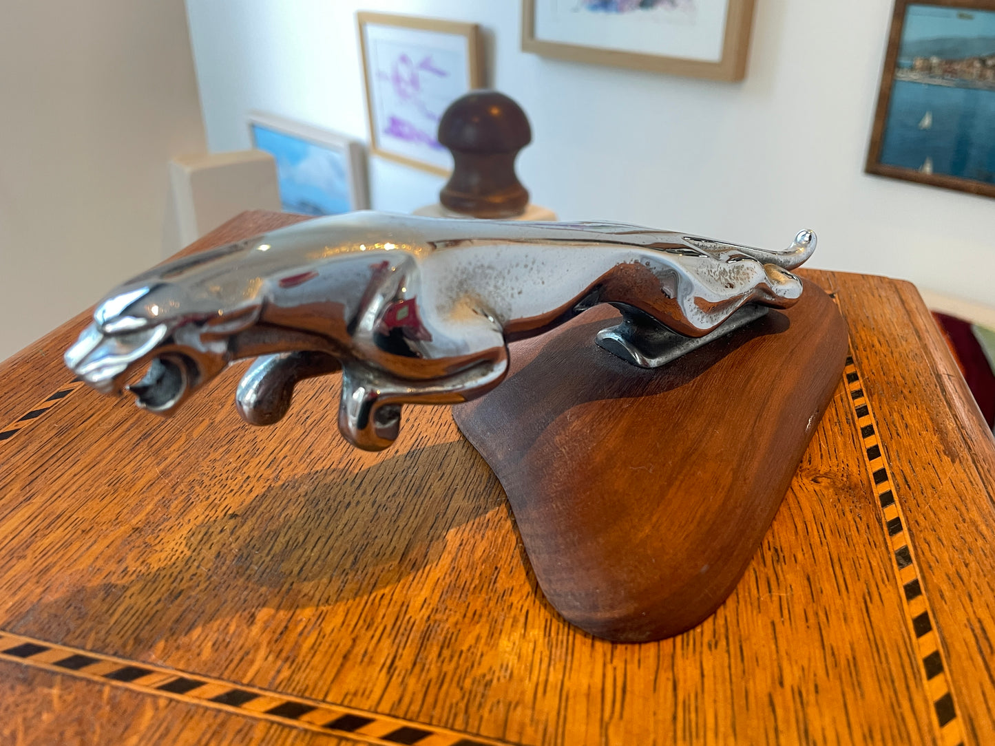 Vintage Official Jaguar Leaper Mascot – Chrome Bonnet Ornament on Hardwood Plinth (c.1960s–1980s)