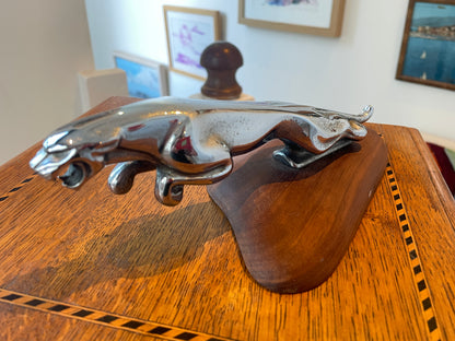 Vintage Official Jaguar Leaper Mascot – Chrome Bonnet Ornament on Hardwood Plinth (c.1960s–1980s)