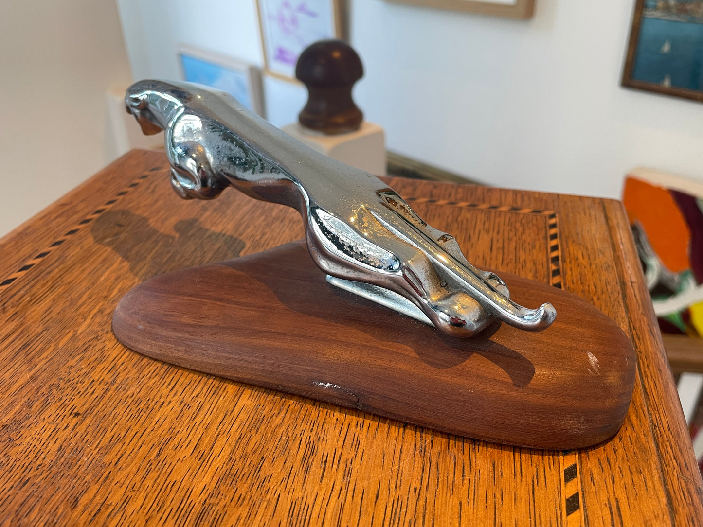Vintage Official Jaguar Leaper Mascot – Chrome Bonnet Ornament on Hardwood Plinth (c.1960s–1980s)