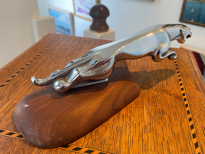 Vintage Official Jaguar Leaper Mascot – Chrome Bonnet Ornament on Hardwood Plinth (c.1960s–1980s)