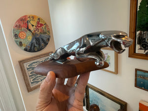 Vintage Official Jaguar Leaper Mascot – Chrome Bonnet Ornament on Hardwood Plinth (c.1960s–1980s)