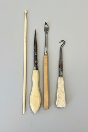 Antique Bone Handled Sewing Tools – Steel Hooks, Awl & Bodkin Set (c.19th Century)10
