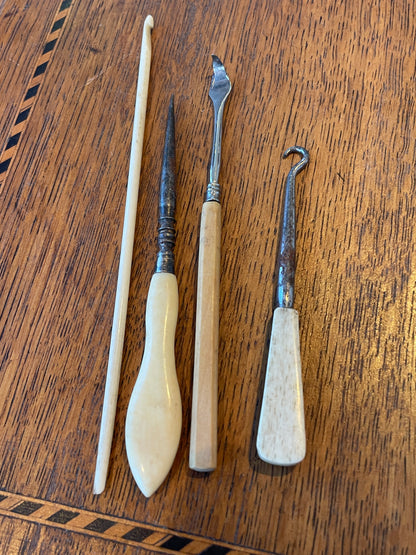 Antique Bone Handled Sewing Tools – Steel Hooks, Awl & Bodkin Set (c.19th Century)10