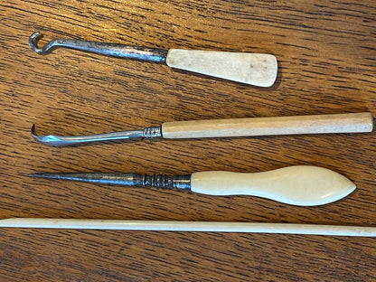 Antique Bone Handled Sewing Tools – Steel Hooks, Awl & Bodkin Set (c.19th Century)10