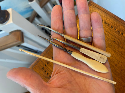 Antique Bone Handled Sewing Tools – Steel Hooks, Awl & Bodkin Set (c.19th Century)10