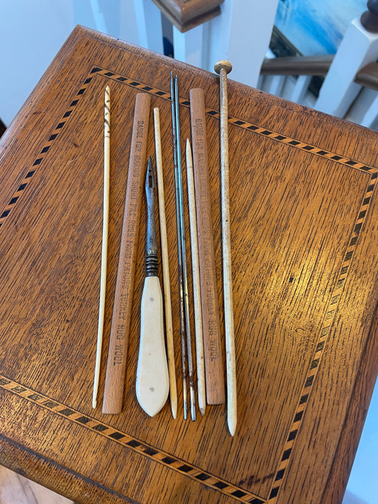 Antique Bone & Steel Needlework Tools – Knitting, Crochet & Rug-Making Implements (c.19th–Early 20th Century)1