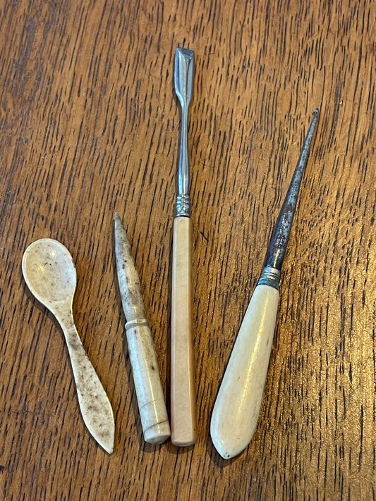 Antique Bone and Mixed Material Craft Tools – Miniature Spoon, Awl, Carving Tool and Hook (c.19th Century)8