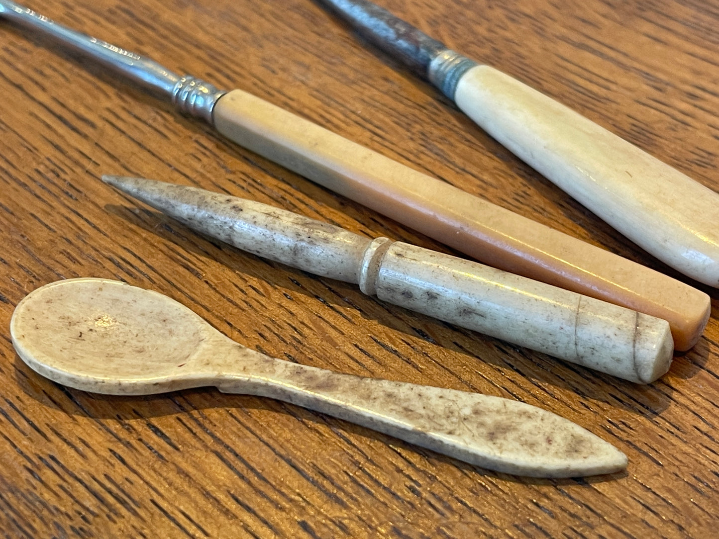 Antique Bone and Mixed Material Craft Tools – Miniature Spoon, Awl, Carving Tool and Hook (c.19th Century)8