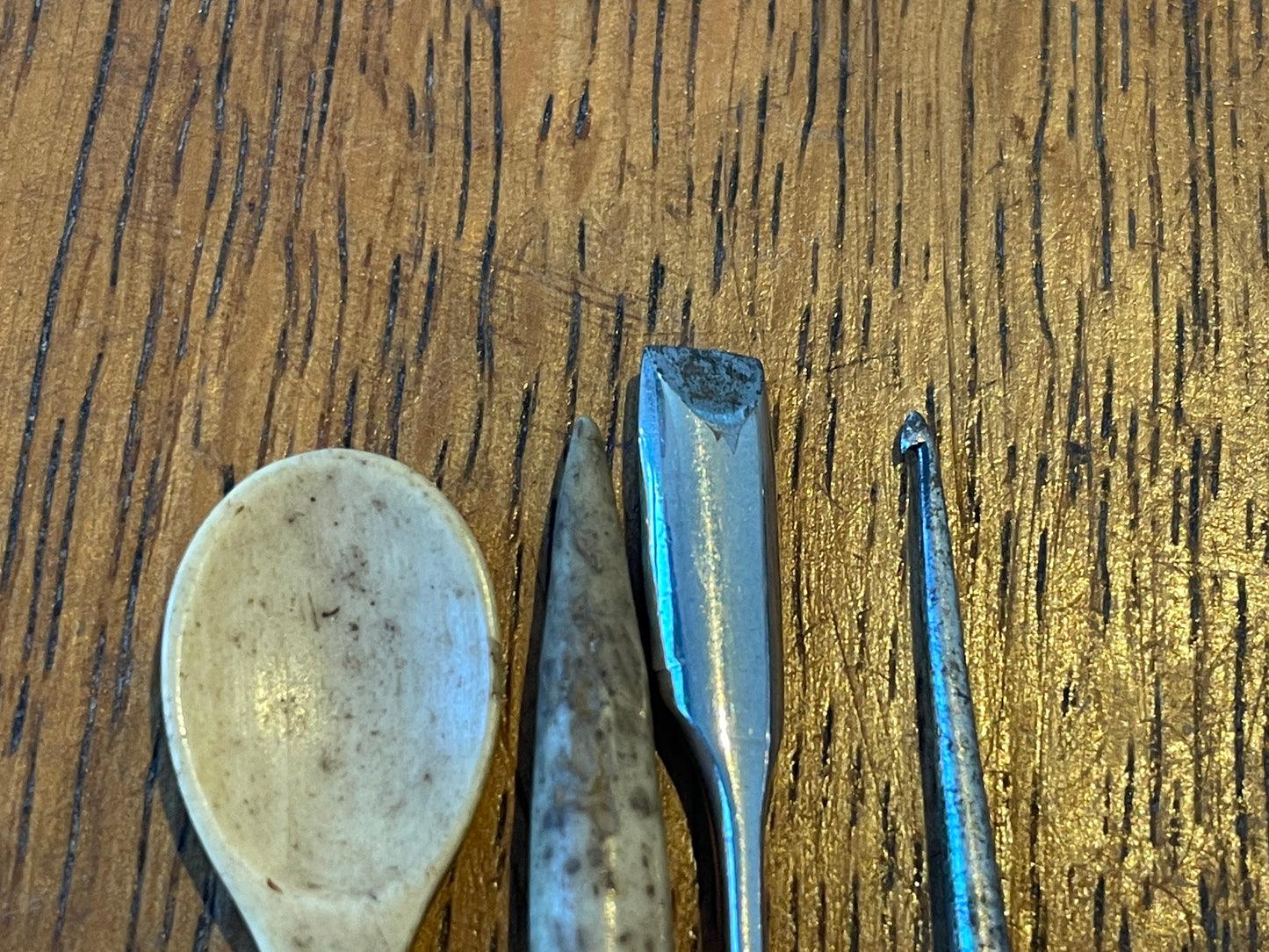 Antique Bone and Mixed Material Craft Tools – Miniature Spoon, Awl, Carving Tool and Hook (c.19th Century)8