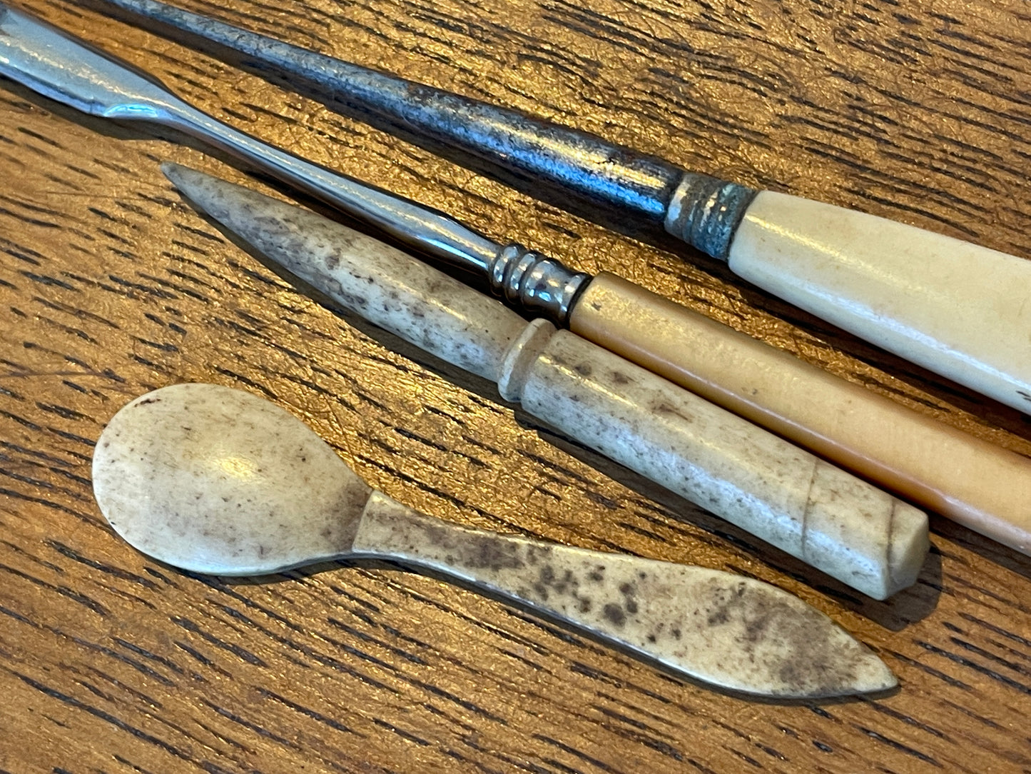 Antique Bone and Mixed Material Craft Tools – Miniature Spoon, Awl, Carving Tool and Hook (c.19th Century)8