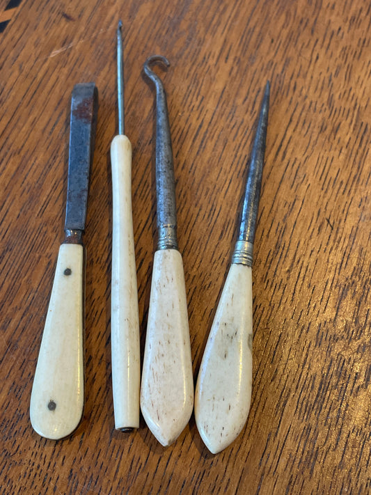 Antique Victorian Bone & Steel Tools – Crochet Hooks, Stiletto & Desk Spatula (c.1850–1900)6