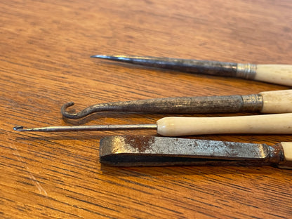 Antique Victorian Bone & Steel Tools – Crochet Hooks, Stiletto & Desk Spatula (c.1850–1900)6