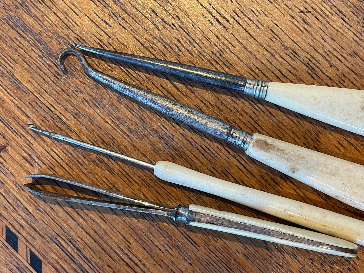 Antique Victorian Bone & Steel Tools – Crochet Hooks, Stiletto & Desk Spatula (c.1850–1900)6