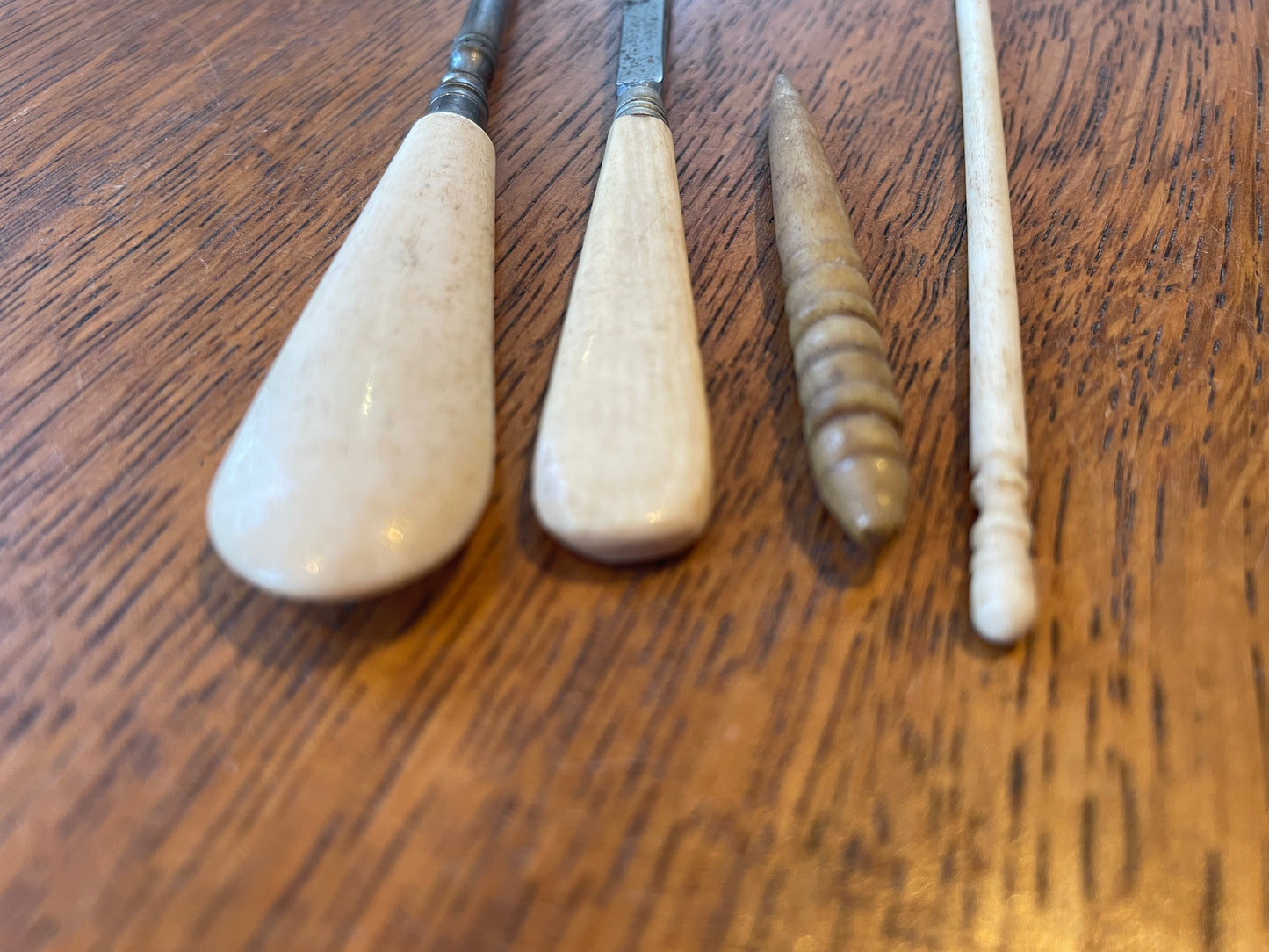 Antique Victorian Bone & Steel Tools – Stiletto, Desk Spatula, Turned Tool & Crochet Hook (c.1850–1900)7