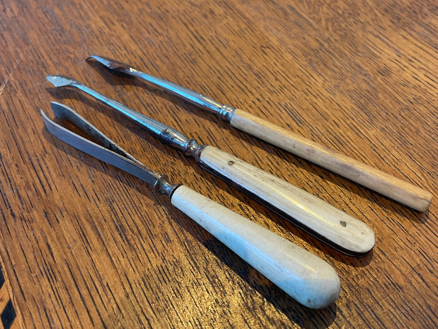 Antique English Bone-Handled Leatherworking Tools – Three Specialist Hand Tools with Shaped Steel Blades (c.19th Century)4