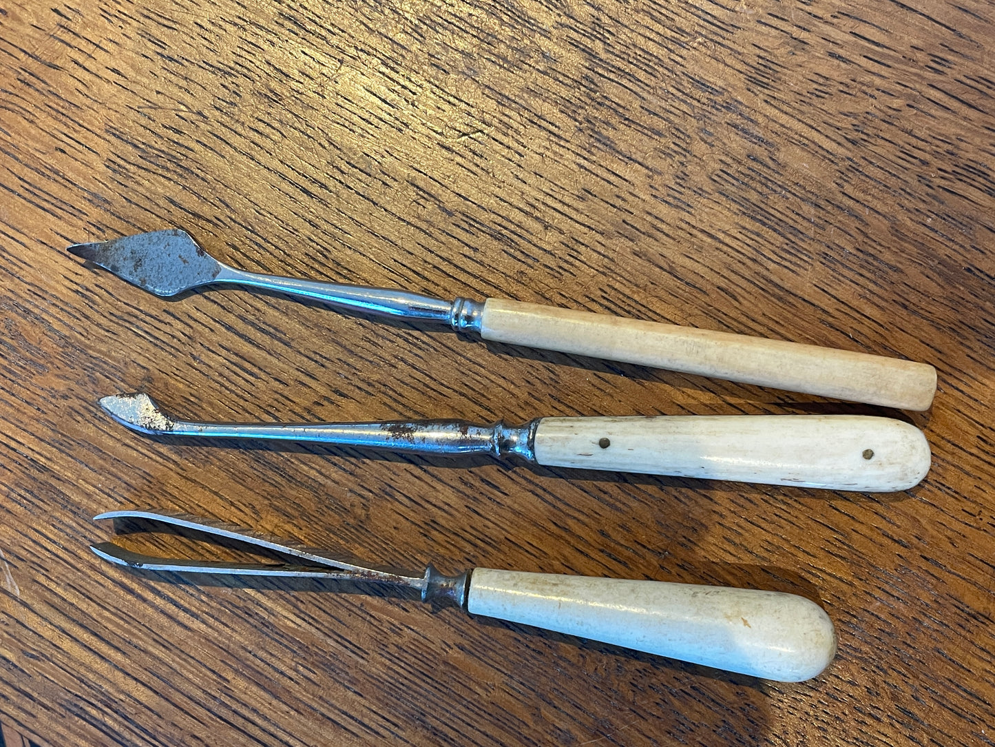 Antique English Bone-Handled Leatherworking Tools – Three Specialist Hand Tools with Shaped Steel Blades (c.19th Century)4