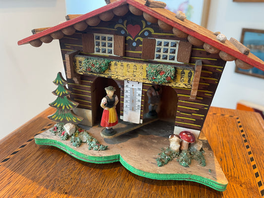 Vintage German Chalet Weather House – Hand-Painted Folk Art Thermometer with Musical Box (c.1950s)