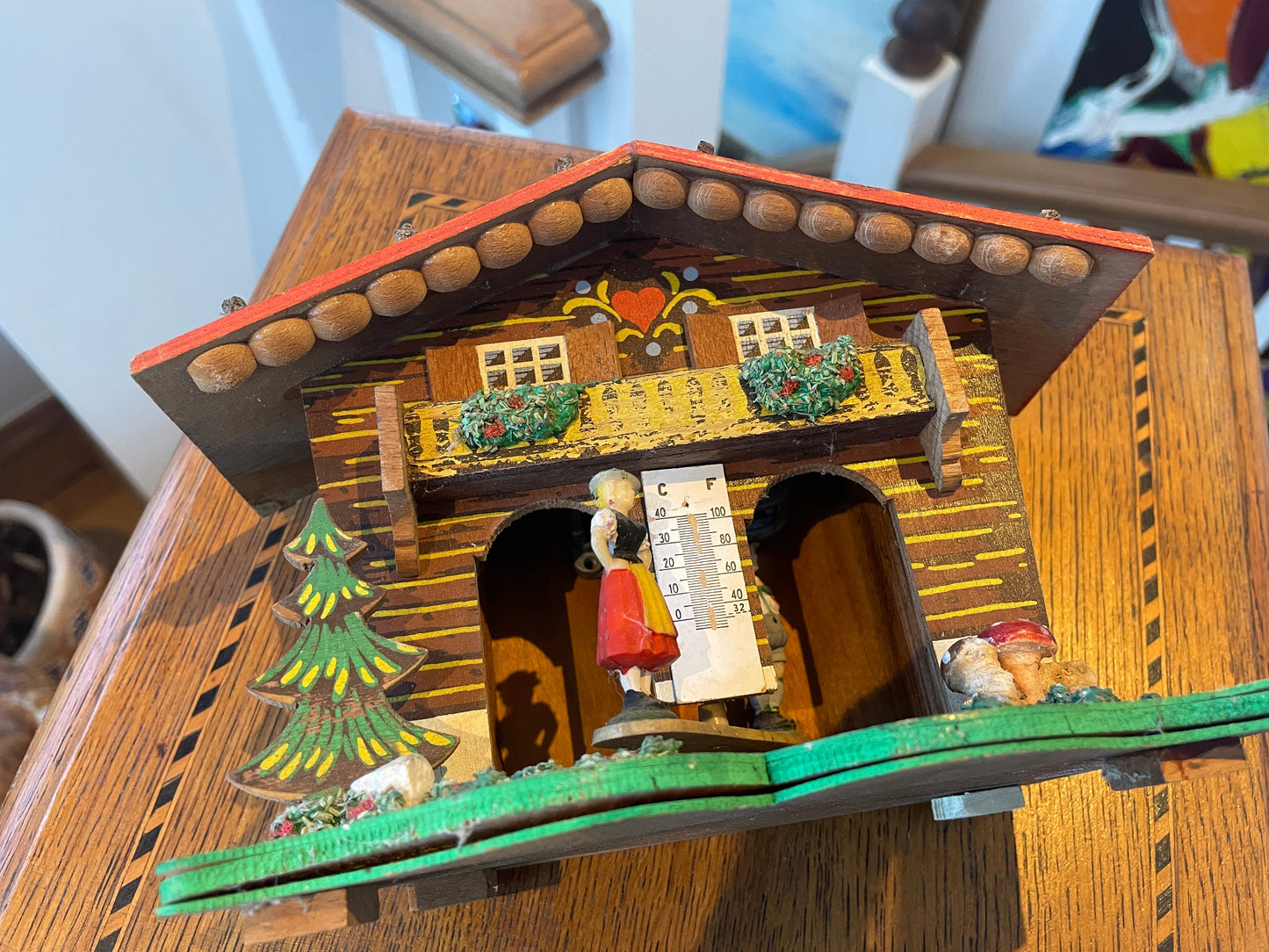 Vintage German Chalet Weather House – Hand-Painted Folk Art Thermometer with Musical Box (c.1950s)