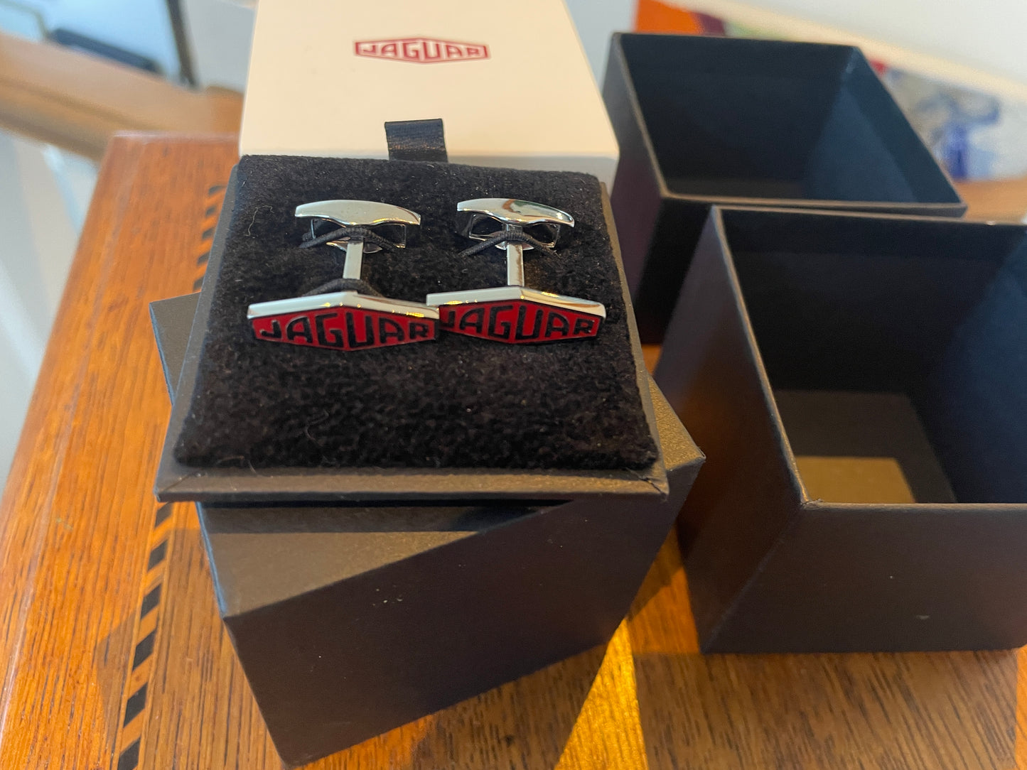 Modern Jaguar Chrome Cufflinks – Red Enamel Heritage Logo in Original Presentation Box