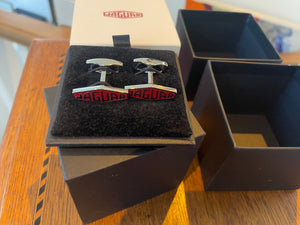 Modern Jaguar Chrome Cufflinks – Red Enamel Heritage Logo in Original Presentation Box