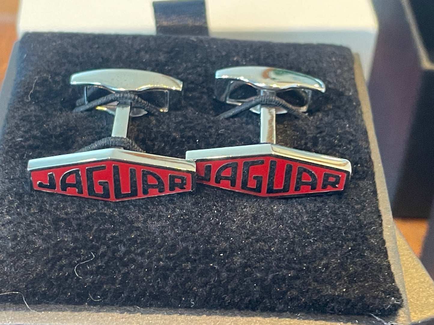 Modern Jaguar Chrome Cufflinks – Red Enamel Heritage Logo in Original Presentation Box