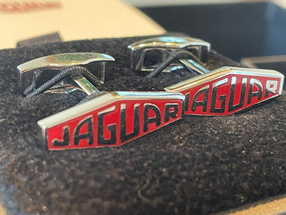 Modern Jaguar Chrome Cufflinks – Red Enamel Heritage Logo in Original Presentation Box