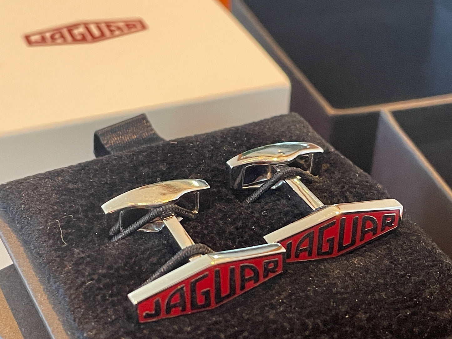 Modern Jaguar Chrome Cufflinks – Red Enamel Heritage Logo in Original Presentation Box