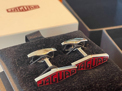 Modern Jaguar Chrome Cufflinks – Red Enamel Heritage Logo in Original Presentation Box