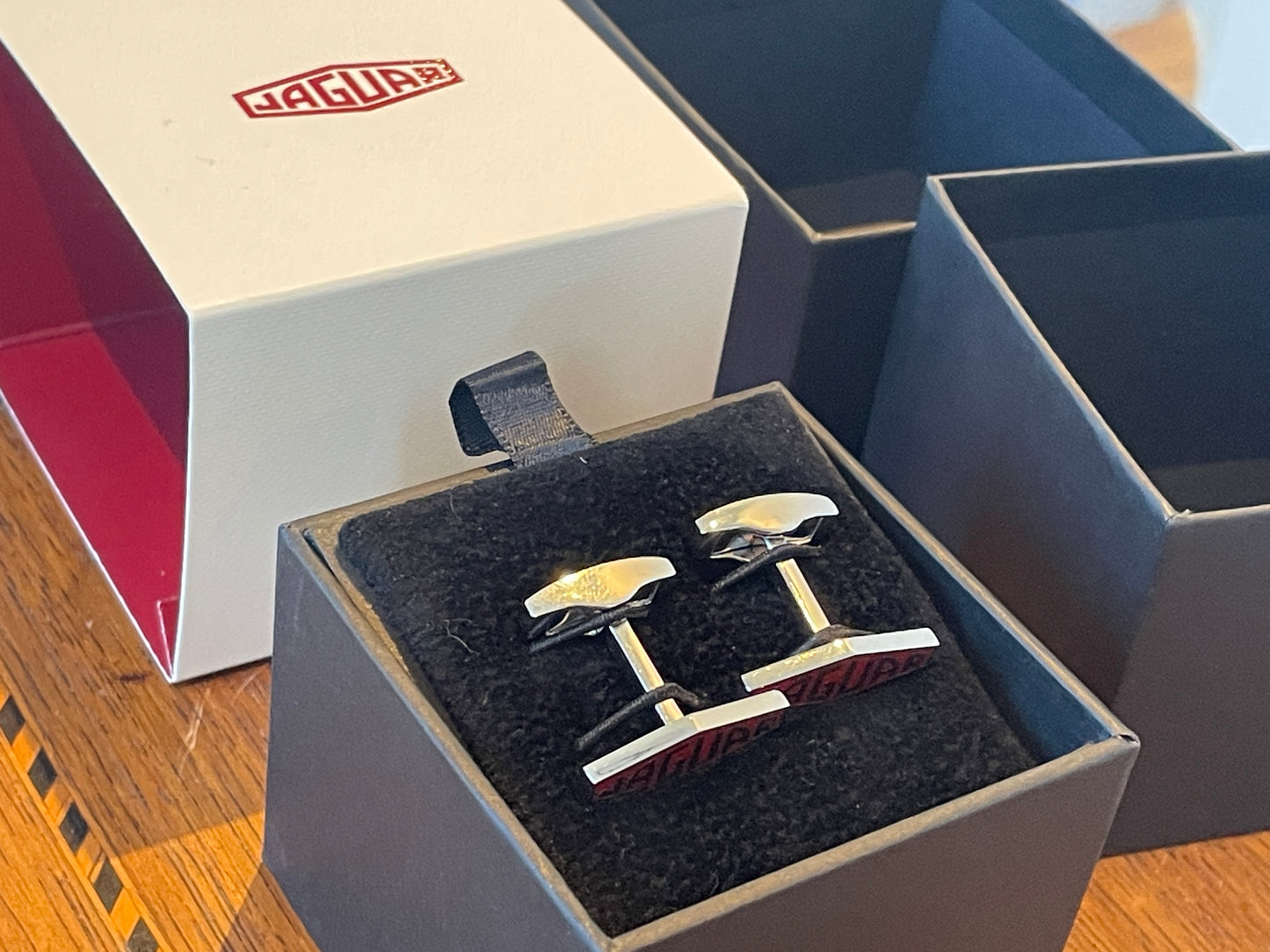 Modern Jaguar Chrome Cufflinks – Red Enamel Heritage Logo in Original Presentation Box