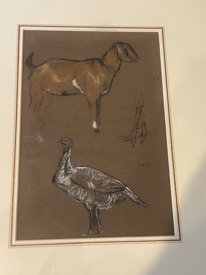 Antique British Pastel and Chalk Study – Animal Sketches on Brown Paper (c1900)