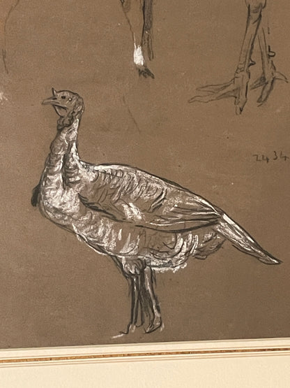 Antique British Pastel and Chalk Study – Animal Sketches on Brown Paper (c1900)