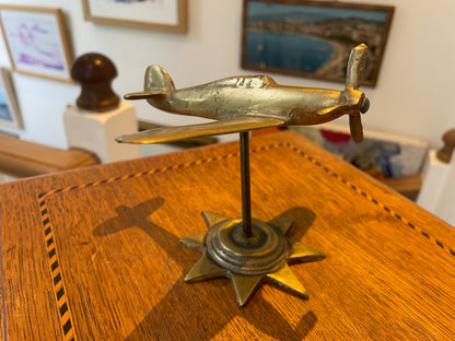 Antique British Brass Spitfire Model – Cast Desktop Aircraft on Starburst Base (c.1940s–50s)