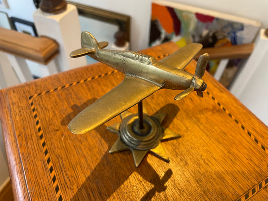 Antique British Brass Spitfire Model – Cast Desktop Aircraft on Starburst Base (c.1940s–50s)