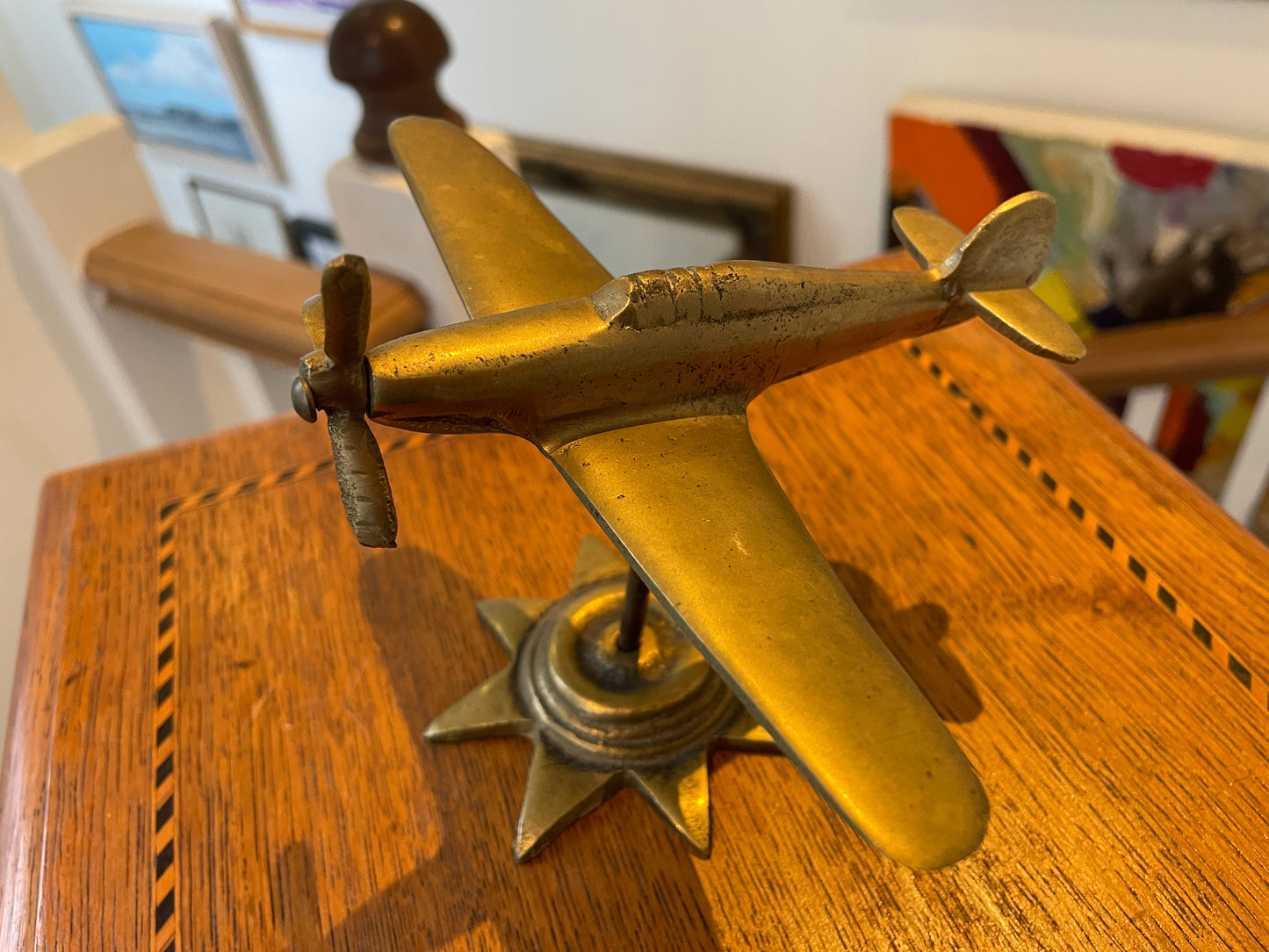 Antique British Brass Spitfire Model – Cast Desktop Aircraft on Starburst Base (c.1940s–50s)