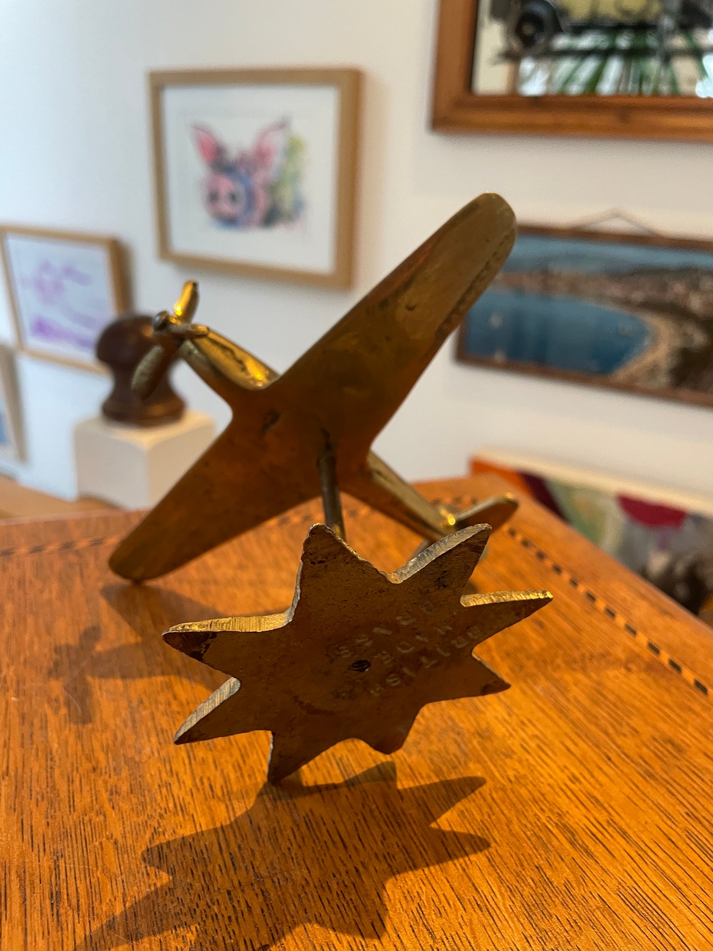 Antique British Brass Spitfire Model – Cast Desktop Aircraft on Starburst Base (c.1940s–50s)