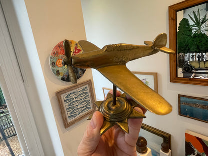 Antique British Brass Spitfire Model – Cast Desktop Aircraft on Starburst Base (c.1940s–50s)