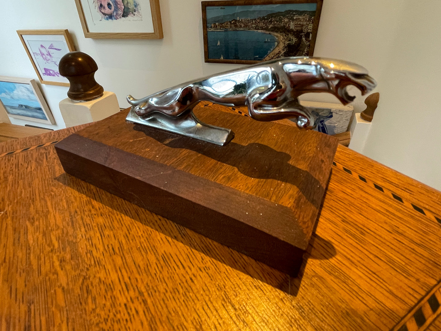 Vintage Jaguar Leaper Mascot – Chrome Plated Bonnet Ornament on Wooden Display Base (c.1950s–70s)