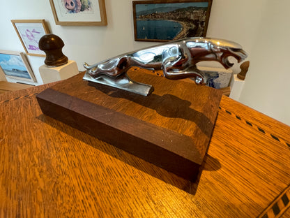Vintage Jaguar Leaper Mascot – Chrome Plated Bonnet Ornament on Wooden Display Base (c.1950s–70s)