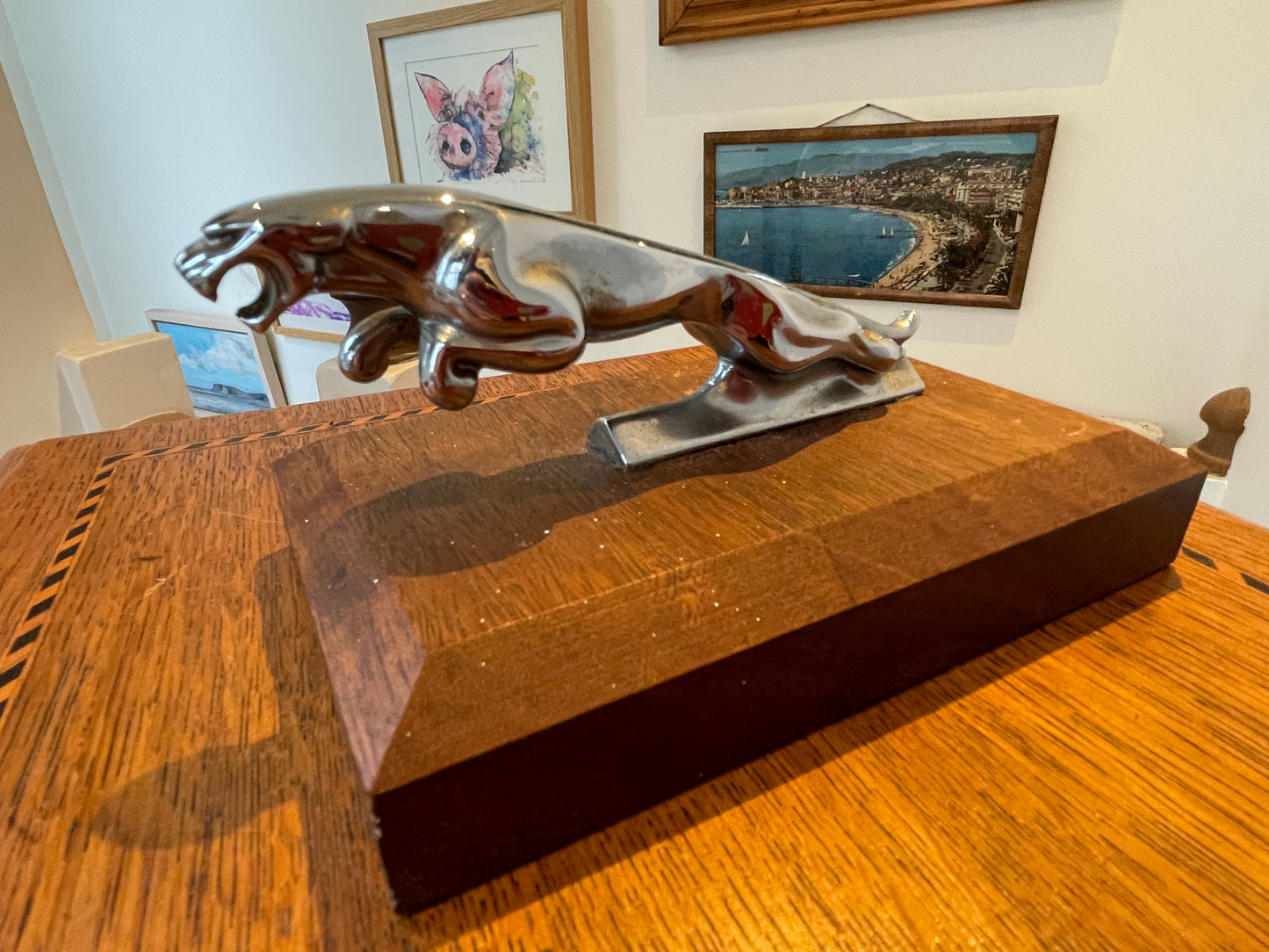 Vintage Jaguar Leaper Mascot – Chrome Plated Bonnet Ornament on Wooden Display Base (c.1950s–70s)