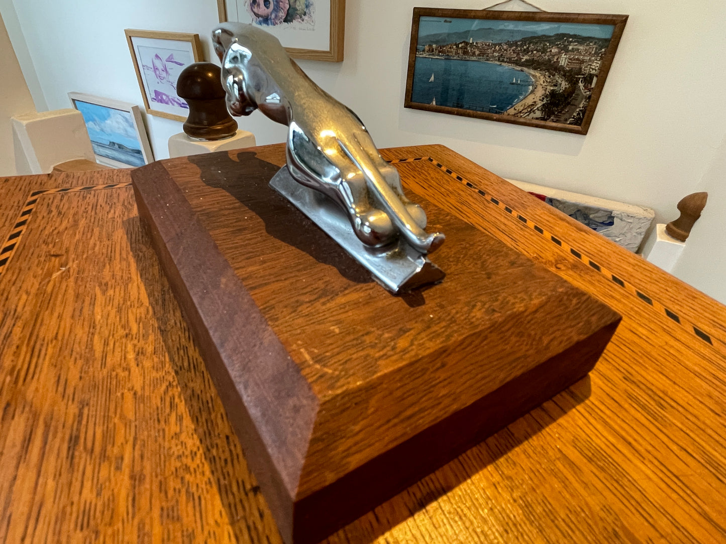 Vintage Jaguar Leaper Mascot – Chrome Plated Bonnet Ornament on Wooden Display Base (c.1950s–70s)