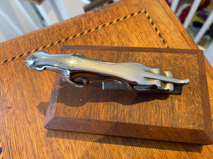 Vintage Jaguar Leaper Mascot – Chrome Plated Bonnet Ornament on Wooden Display Base (c.1950s–70s)