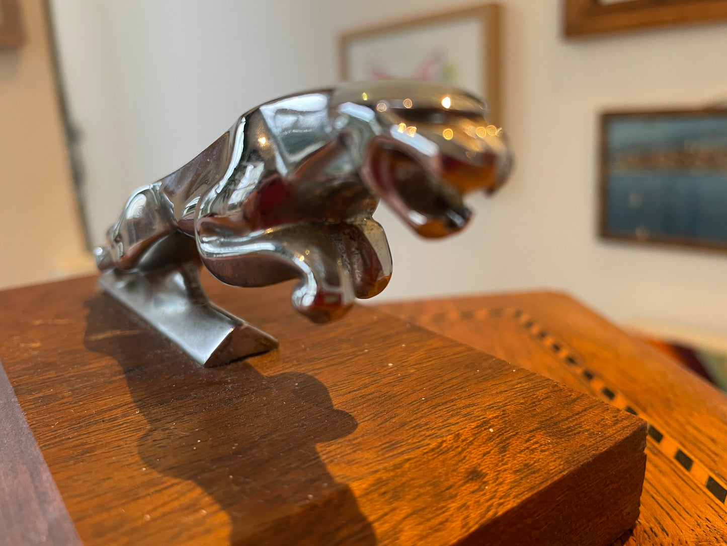 Vintage Jaguar Leaper Mascot – Chrome Plated Bonnet Ornament on Wooden Display Base (c.1950s–70s)