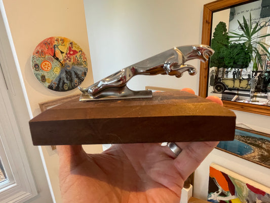 Vintage Jaguar Leaper Mascot – Chrome Plated Bonnet Ornament on Wooden Display Base (c.1950s–70s)