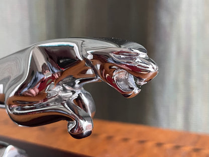 Jaguar Leaping Cat Desk Ornament – Chrome Plated Motoring Sculpture on Wooden Base (Late 20th Century)
