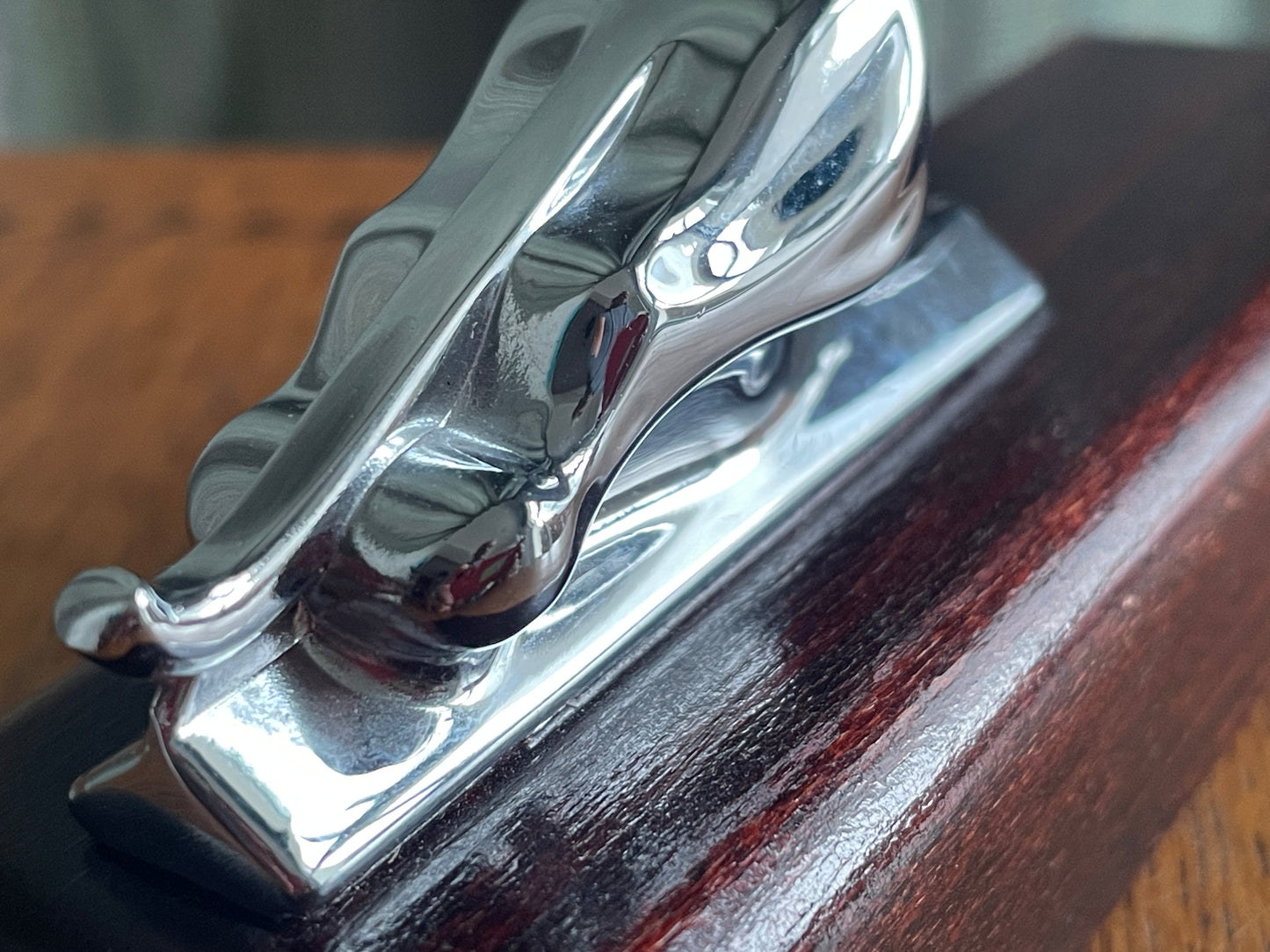 Jaguar Leaping Cat Desk Ornament – Chrome Plated Motoring Sculpture on Wooden Base (Late 20th Century)