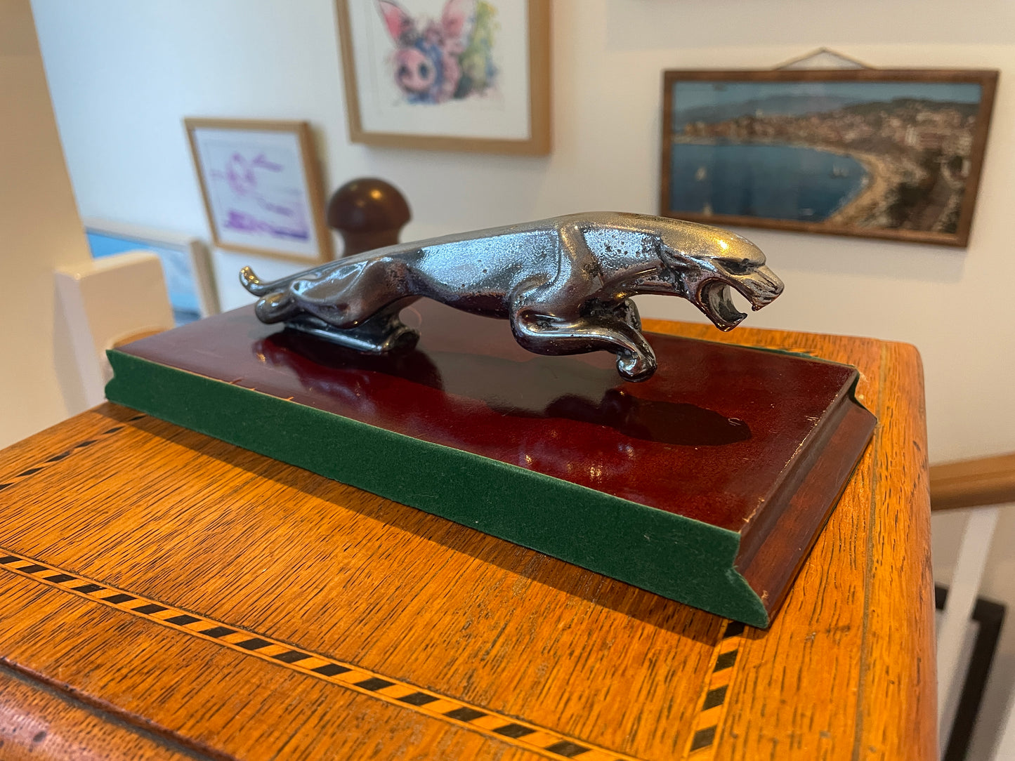 Jaguar Leaping Cat Mascot Sculpture – Chrome Finish on Lacquered Wooden Plinth (c. mid–late 20th century)