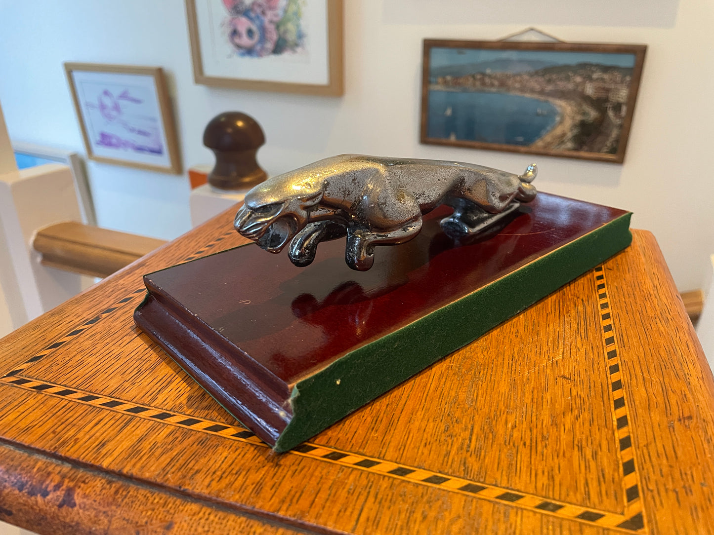 Jaguar Leaping Cat Mascot Sculpture – Chrome Finish on Lacquered Wooden Plinth (c. mid–late 20th century)