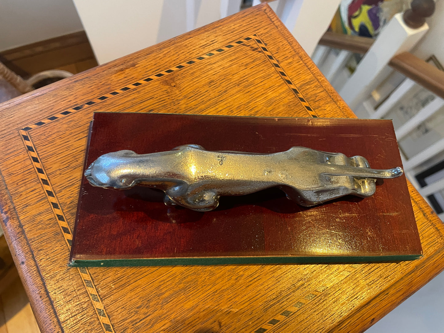 Jaguar Leaping Cat Mascot Sculpture – Chrome Finish on Lacquered Wooden Plinth (c. mid–late 20th century)