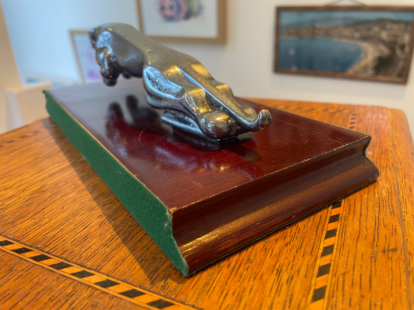 Jaguar Leaping Cat Mascot Sculpture – Chrome Finish on Lacquered Wooden Plinth (c. mid–late 20th century)